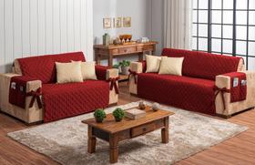 Jogo protetor de sofá 2 e 3 lugares com laço vermelho + 4 almofadas bege