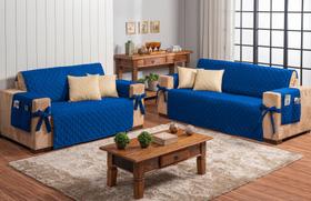 Jogo protetor de sofá 3 e 2 lugares com laço porta objetos azul + 4 capas de almofada caqui
