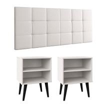 Jogo Quarto 2 Mesinhas Apoio Prateleira Pés Palito Retrô Cabeceira Modular Bia Estofado material sintético Cama Box Casal 1,40 Branco/Preto- RPM