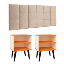 Jogo Quarto 2 Mesinhas Apoio Prateleira Pés Palito Retrô Off/Cinamomo Cabeceira Modular Bia Estofado Suede Cama Box Casal 1,40 Areia - RPM