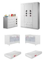 Jogo Quarto Bebe Kit Gemeos Com Guarda Roupa Cômoda E Berço e Colhões