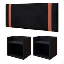 Jogo Quarto Casal 2 Mesas Cabeceira Suspensa Madri Divisória Superior Preto Painel Estofado Parise Cama Box 1,40 Suede - Lojas RPM