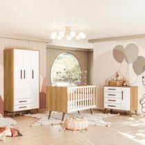 Jogo Quarto Completo Infantil Guarda Roupa 3 Portas Cômoda 4 Gavetas Berço Mini Cama Americano C/ Colchão Pés Palito Q Encanto Retrô 3830/3825/3820