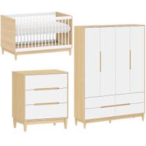 Jogo Quarto de Bebê Tomi Quater com Berço 2 em 1, Cômoda 3 Gavetas e Guarda Roupa 4 Portas em MDF Branco com Carvalho