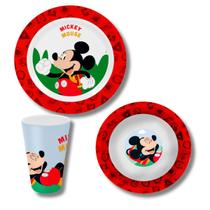Jogo Refeição Infantil Melamina Mickey Disney 3 Peças Copo Prato Tigela Completo