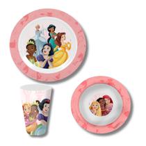 Jogo Refeição Infantil Melamina Princesas Disney 3 Peças Copo Prato Tigela Completo