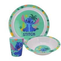 Jogo Refeição Infantil Melamina Stitch Disney 3 Peças, Prato, Tigela e Copo - Tuut