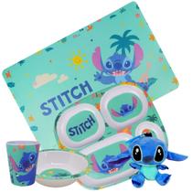 Jogo Refeição Infantil Melamina Stitch Disney 5 Peças Incluso Lugar Americano e Pelúcia - Tuut