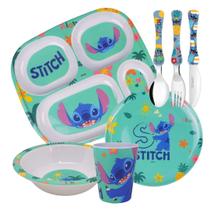 Jogo Refeição Infantil Melamina Stitch Disney 7 Peças Pratos, Copo e Talheres Inox - Tuut