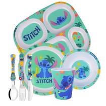 Jogo Refeição Infantil Melamina Stitch Disney Pratos, Tigela, Copo e Talheres Inox - Tuut