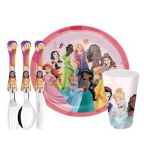 Jogo Refeição Infantil Princesas Disney 5 Peças Prato, Copo e Talheres