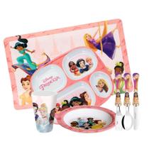 Jogo Refeição Infantil Princesas Disney 7 Peças Prato Divisória, Prato Fundo, Copo e Talheres - Tuut