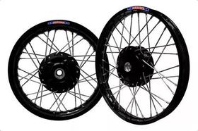 Jogo Roda Par Pop 100 110i Alumínio Preto Cubo Preto Montada