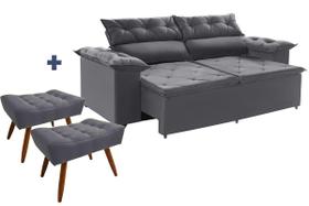 Jogo sofá com 2 Puffs Compact retrátil reclinável 200 cm Molas Espirais Cinza Ws Estofados