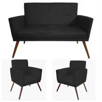 Jogo Sofá Nina 1 Namoradeira nina 02 Poltronas Nina com rodapé Suede Preto Decoração Para Sala Recepção Jogo Sofá Nina 1 Namoradeira nina 02 Poltronas Nina com rodapé Suede Preto Decoração Para Sala Recepção