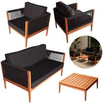 Jogo Sofá Terraço Sala Madeira Corda Náutica Almofadas Impermeáveis