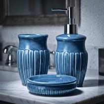 Jogo Sofisticado Para Banheiro 3pçs Mimo Style Marine Blue Cerâmica Saboneteira e Porta Escova de Dente