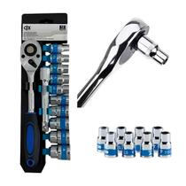 Jogo Soquete chave Catraca Reversível 12 pçs 10 a 22mm Aço Cromo CRV Reversivel 1/2 Polegadas Extensão