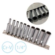 Jogo Soquete Estriado Longo 1/4 Pol 4 A 13Mm 10 Pçs Corneta Jogo Soquete Estriado Longo 1/4 Pol 4 A 13Mm 10 Pçs Corneta