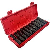 Jogo Soquete Pito Longo Impacto 1/2" Uso Industrial Aço Cromo Molibdênio + Estojo Jogo 10 Peças