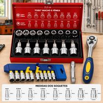 Jogo Soquete Sextavado Catraca Bits Torx Macho Femea Profissional Tapeceiro Automotivo 28Pç 1/2Pol Jogo Soquete Sextavado Catraca Bits Torx Macho Femea Profissional Tapeceiro Automotivo 28Pç 1/2Pol