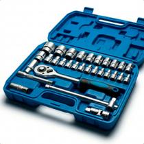 Jogo Soquetes 1.2 32 Peças com Catraca Reversível Extensões Chave de Vela Maleta Aço Cromado Kit Completo Mecânica Automotiva