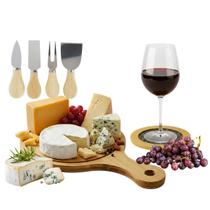Jogo Tábua Petisqueira Bambu Com Utensílios Kit Descanso de Copo Redondo Bolacha