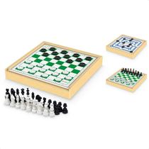 Jogo Tabuleiro 3 em 1 Xadrez Dama Trilhas Estojo Deluxe Madeira 27x27cm Antigo Estratégia Junges