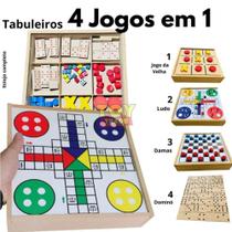 Jogo Tabuleiro 4 em 1 Madeira - Ludo, Damas, Velha, Dominó - Zaramela Brinquedos