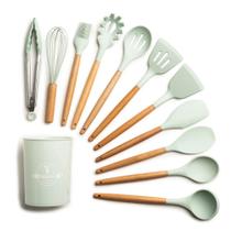 Jogo Talher 12 Peças Silicone Cabo em Madeira Utensilios Cozinha