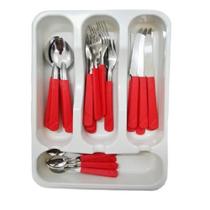 Jogo Talheres 24 Peças Faqueiro Aço Inox Cabo Plástico + Porta Talher Garfo Faca Colher Kit Cozinha