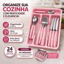 Jogo Talheres 24 Peças Rosa com Organizador Gaveta Jogo Talheres 24 Peças Rosa com Organizador Gaveta
