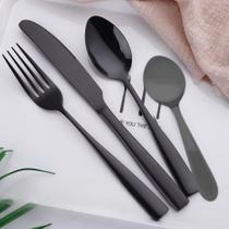 Jogo Talheres Black 24 Peças Aço Inox Garfo Colher Mesa Faqueiro Luxo Preto Conjunto Faca