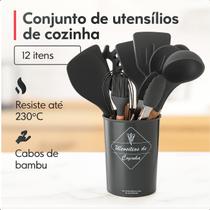 Jogo Talheres Cozinha Silicone Cabo Madeira 12 Peças Preto Jogo Talheres Cozinha Silicone Cabo Madeira 12 Peças Preto
