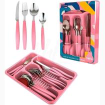 Jogo Talheres Faqueiro Aço Inox Kit Talheres Cozinha 24 Peças Gaveteiro Rosa