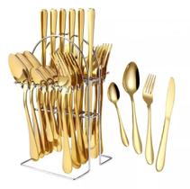 Jogo Talheres Faqueiro Dourado Gold Inox 24 Peças Inglaterra + Suporte - Ke home