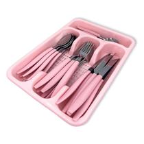 Jogo Talheres Inox 25 Peças Com Gaveteiro Colher Garfo Faca Inox - Rosa ou Branco