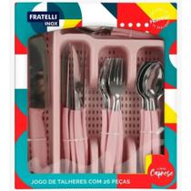 Jogo Talheres Inox 26 Pçs Com Faca E Organizador Rosa Caprese