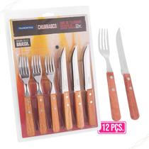 Jogo Talheres Para Churrasco Dynamic Com Laminas De Aco Inox E Cabos De Madeira - 12 Peças