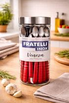 Jogo Talheres Veneza 25 Peças Inox Com Pote Vidro Vermelho Jogo Talheres Veneza 25 Peças Inox Com Pote Vidro Vermelho