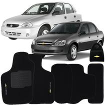Jogo Tapete Automotivo Carpete + Lixeira Corsa Classic 2003 à 2015 Soft Logo Bordado Preto 6 Peças