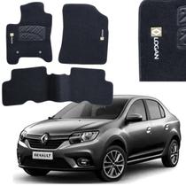 Jogo Tapete Carpete 3 Peças Com Nome Renault Logan Bordado 2007 a 2021 Preto Frisart 500.440PTO