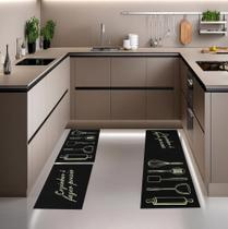 Jogo Tapete Cozinha Preto Algodão Antiderrapante 3 Peças Frase Marfim Jogo Tapete Cozinha Preto Algodão Antiderrapante 3 Peças Frase Marfim