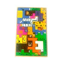 Jogo Tetris Safari em MDF 6mm - Quebra-Cabeça Infantil Montessoriano com Animais Coloridos - 18 Peças Educativas