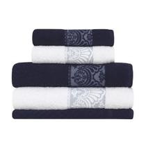 Jogo Toalha Banho 5 Peças Bordado Jacquard Branco/Azul