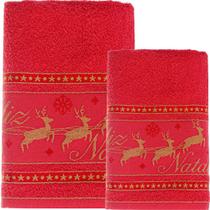 Jogo Toalha de Banho e Rosto Feliz Natal 90% Algodão 400g/m² Vermelho Jogo Toalha de Banho e Rosto Feliz Natal 90% Algodão 400g/m² Vermelho