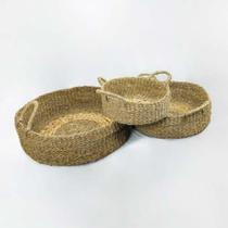 Jogo trio de Cestos Palha Natural Redondo c Alças luxo