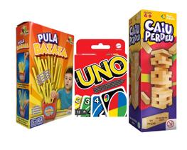 Jogo Uno Cartas Mattel e Pula Batata mais Caiu Perdeu Torre Brinquedo Kit Jogos de Tabuleiro