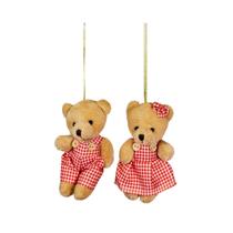 Jogo Ursinho Decorativo Natal Casal Pelúcia Bege Roupa Vermelho Xadrez 12cm