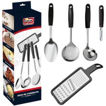 Jogo Utensílios Cozinha em Inox 5 Pçs Colher Concha Ralador Jogo Utensílios Cozinha em Inox 5 Pçs Colher Concha Ralador